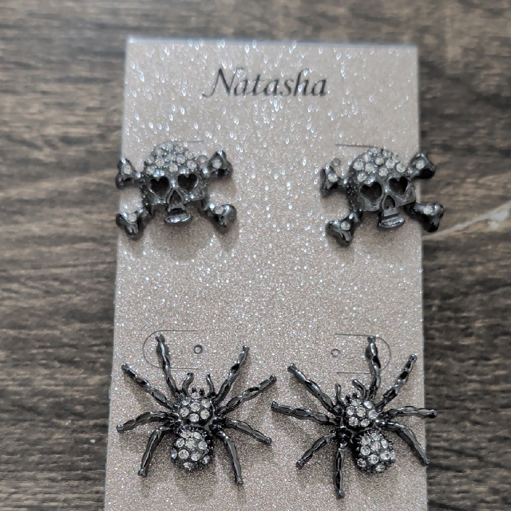 Natasha Couture Silver Skull and Spider Earrings
